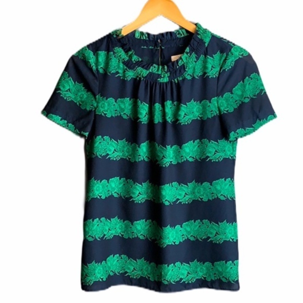 J. Crew Blue/Green Floral Striped Blouse Sz00